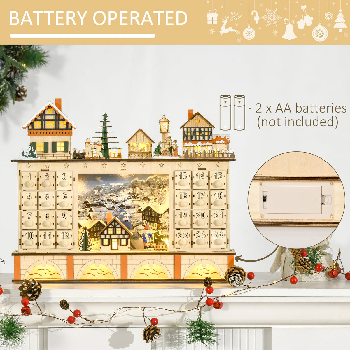 Light-Up Wooden Village Advent Calendar – 24 Drawers