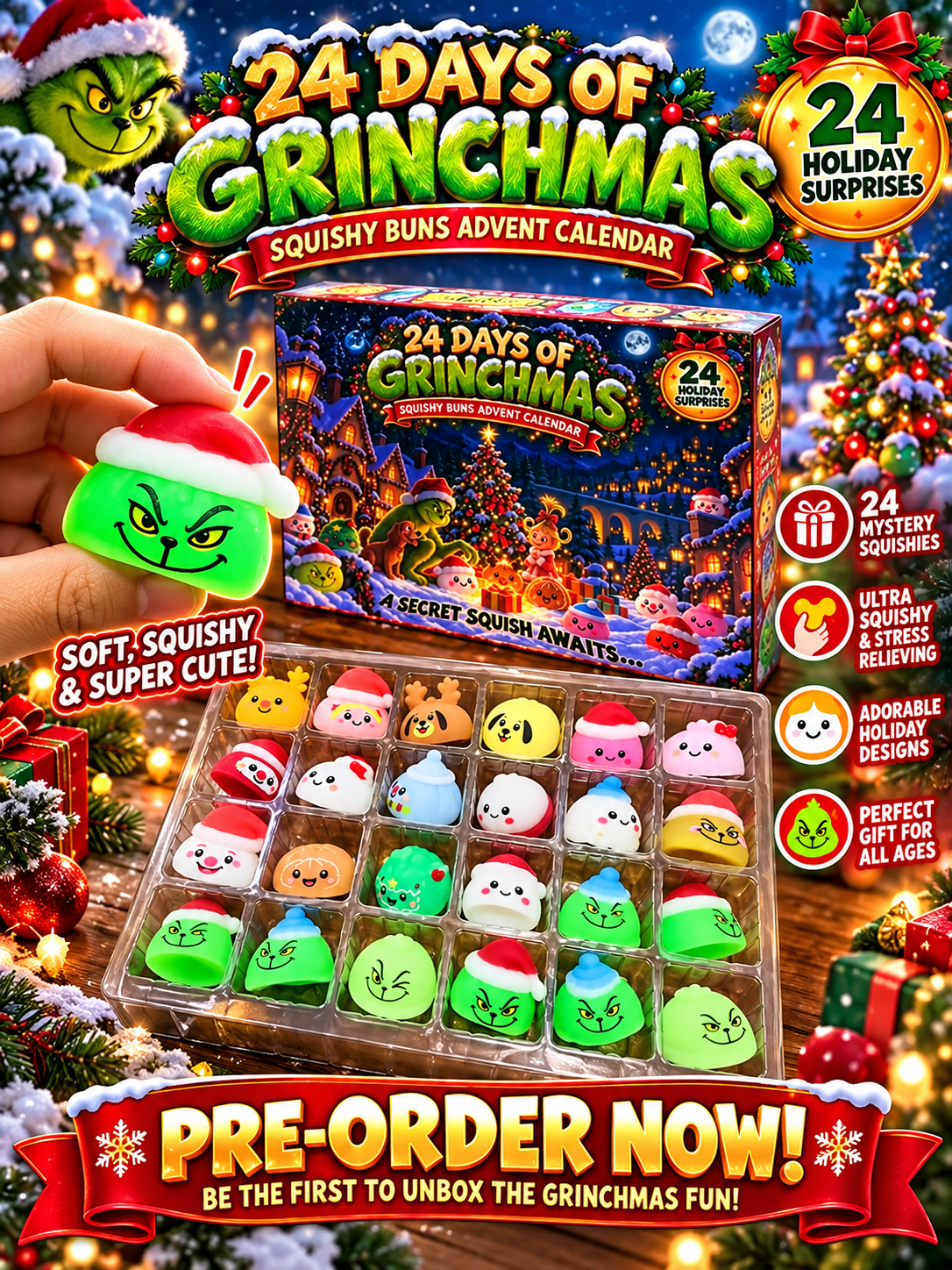 PREORDER ITEM (SEE DETAILS) - 24 DAYS OF GRINCHMAS SQUISHY BUNS ADVENT CALENDAR