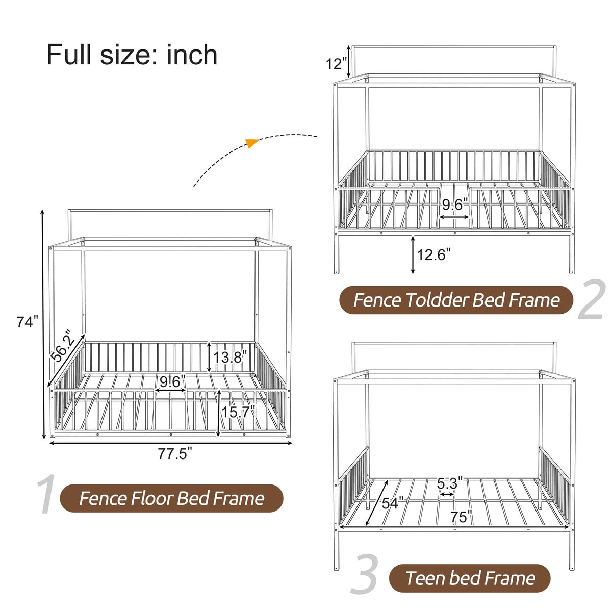 3-in-1 Montessori Floor Bed with Fenced Support