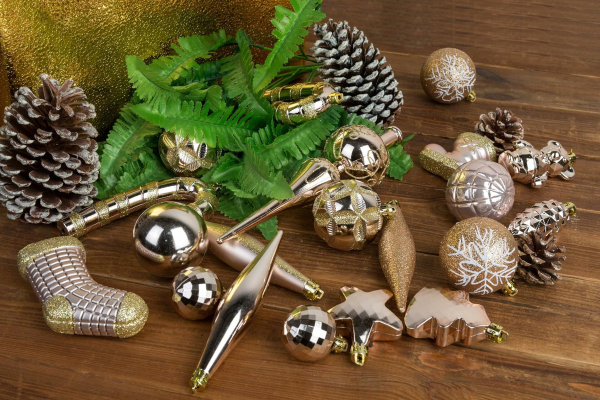 AUXO-FUN Champagne Christmas Ornaments – 54-Piece Gift Box