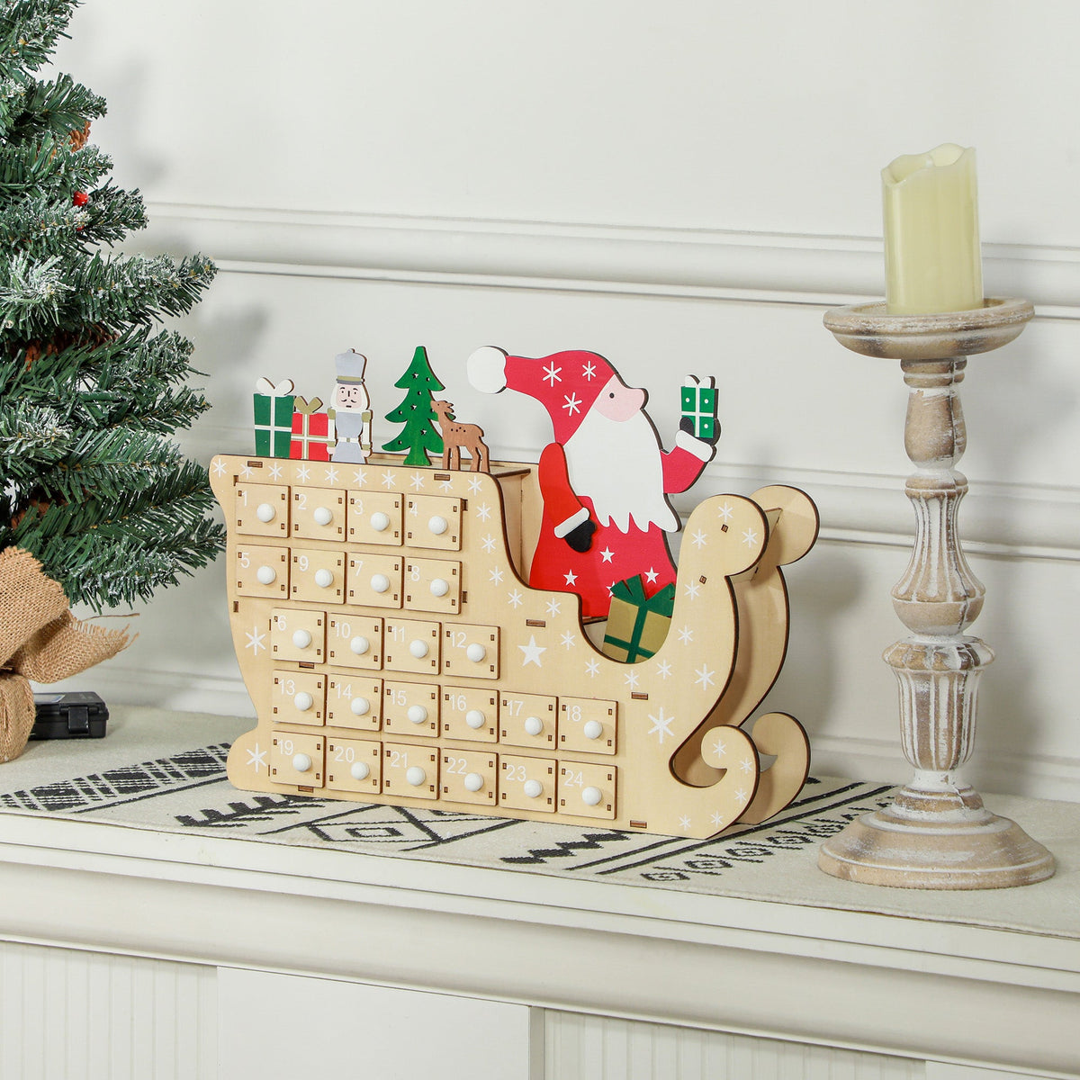 Christmas Advent Calendar with 24 Countdown Drawers - Santa & Sleigh Design