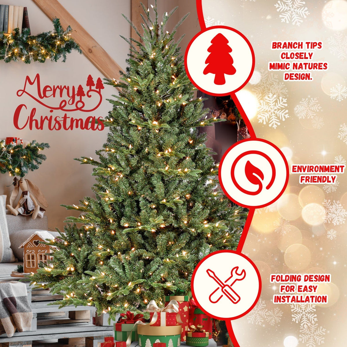 5-Foot Full-Bodied Pre-Lit Evergreen Christmas Tree with 350 Warm White Lights - Green