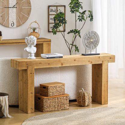 Solid Wood Console Table with Rustic Farmhouse Style – Natural Wood