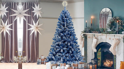 6-Foot Blue Snow-Flocked Pre-Lit Christmas Tree – 750 Tips