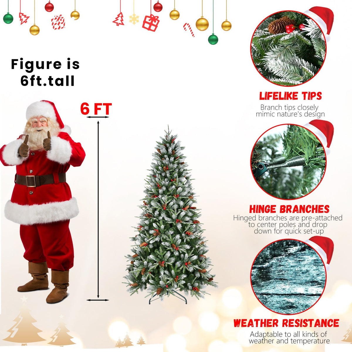 7.5-Foot Snow-Tipped Woodland Christmas Tree with Berries and Pine Cones - Green/White