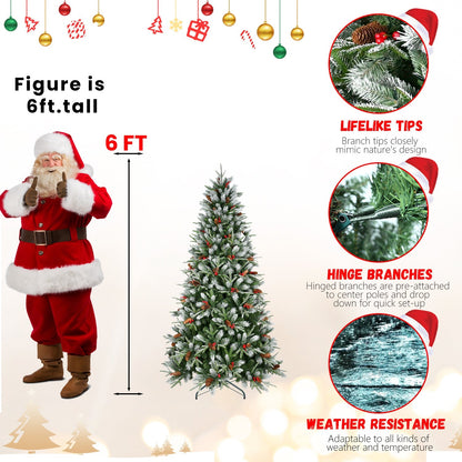 7.5-Foot Snow-Tipped Woodland Christmas Tree with Berries and Pine Cones - Green/White