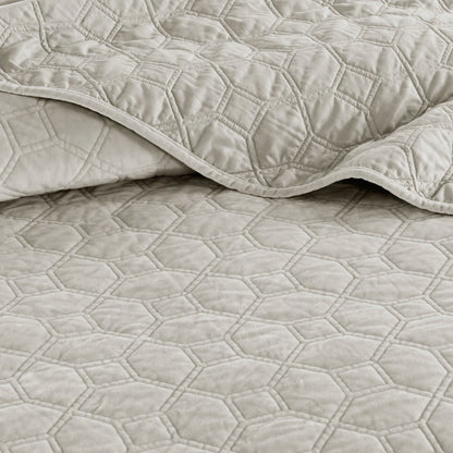 3 Piece Velvet Quilt Set Ivory Full/Queen