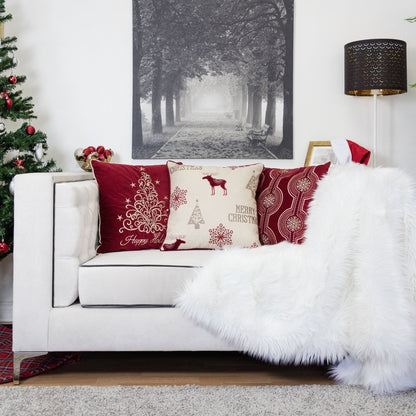 Merry Christmas Embroidered Poly Linen Throw Pillow with Festive Motifs - Red and Silver