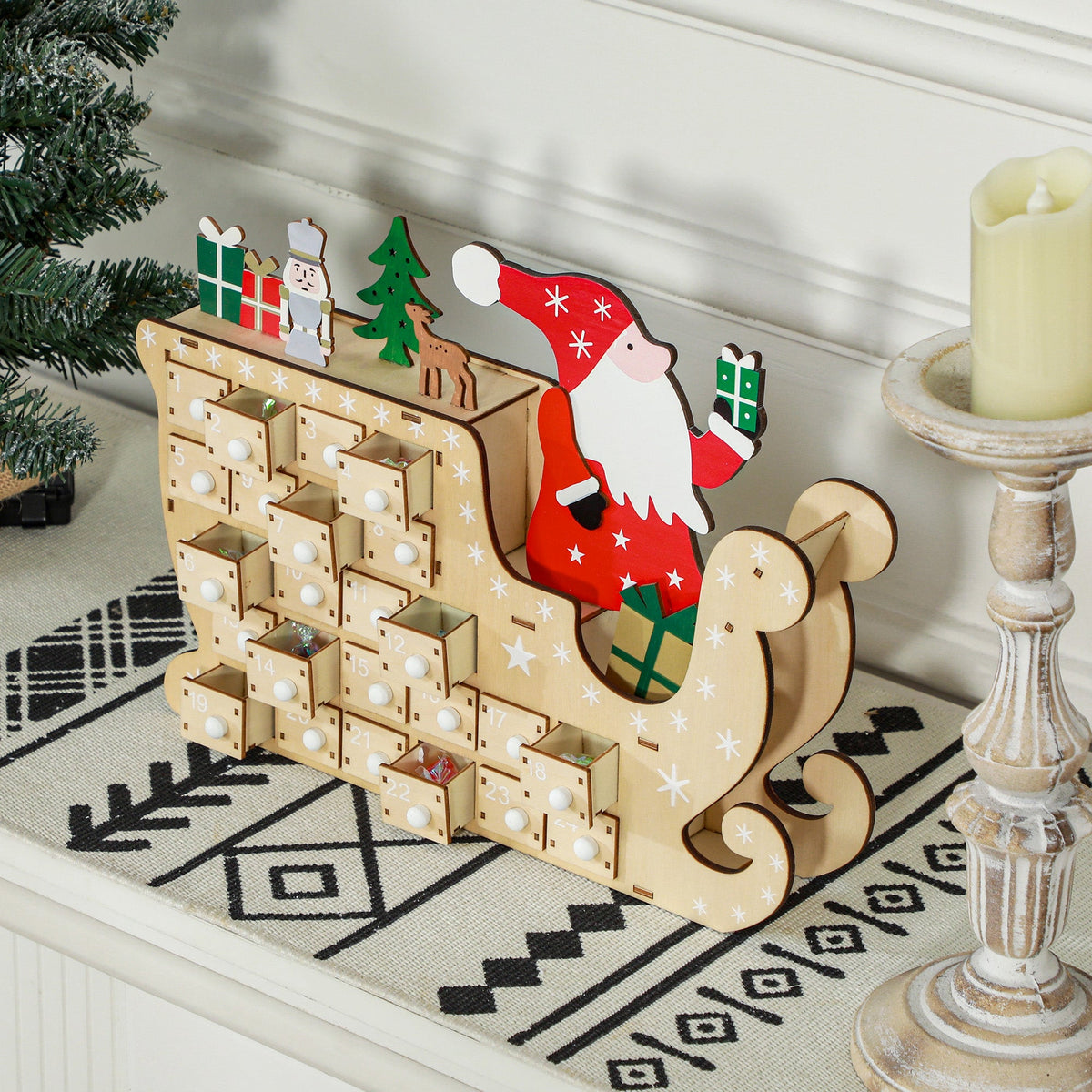 Christmas Advent Calendar with 24 Countdown Drawers - Santa & Sleigh Design
