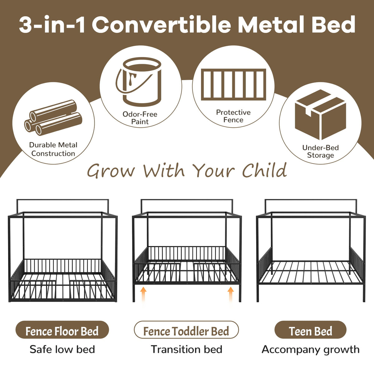 3-in-1 Montessori Floor Bed with Fenced Support