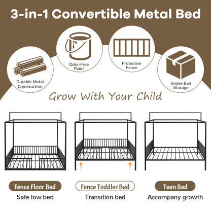 3-in-1 Montessori Floor Bed with Fenced Support