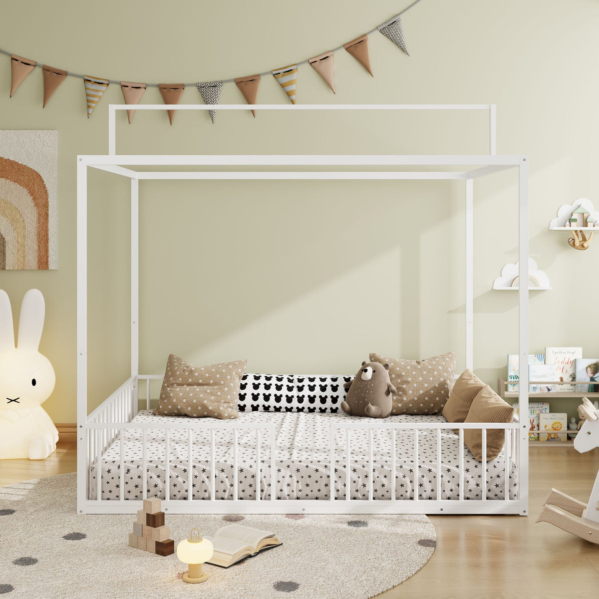 3-in-1 Montessori Floor Bed with Fenced Support