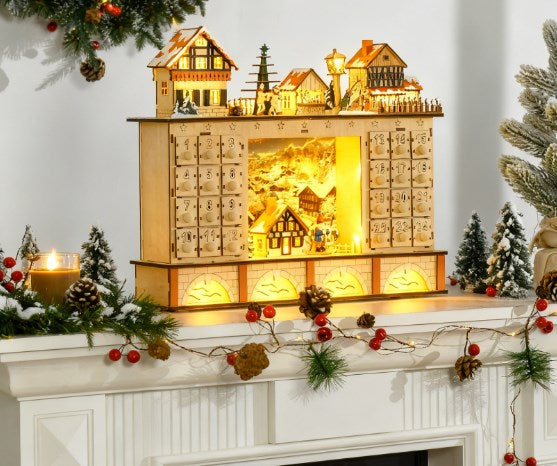 Light-Up Wooden Village Advent Calendar – 24 Drawers