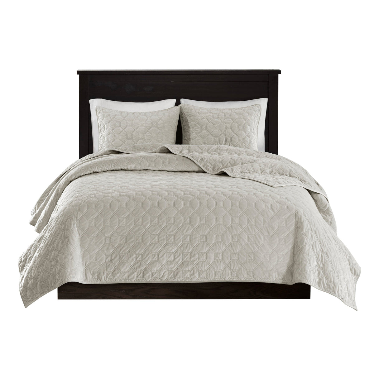 3 Piece Velvet Quilt Set Ivory Full/Queen