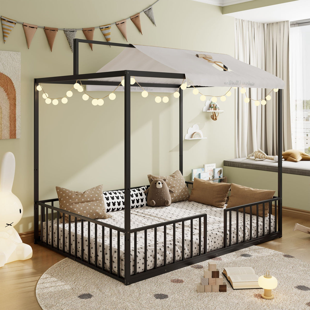 3-in-1 Montessori Floor Bed with Fenced Support