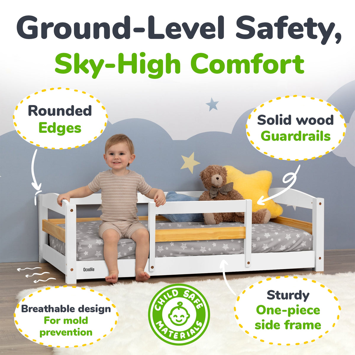 Crib-Size Wooden Floor Bed with Safety Rails
