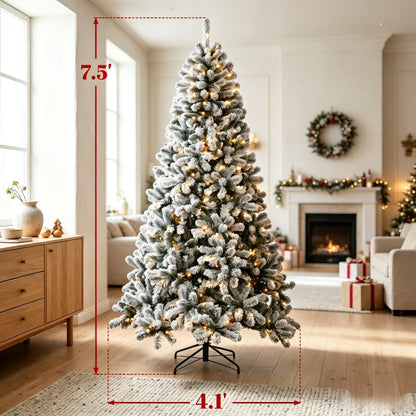 7.5 ft Pre-Lit Flocked Fraser Fir Artificial Christmas Tree with LED Lights - Green/White