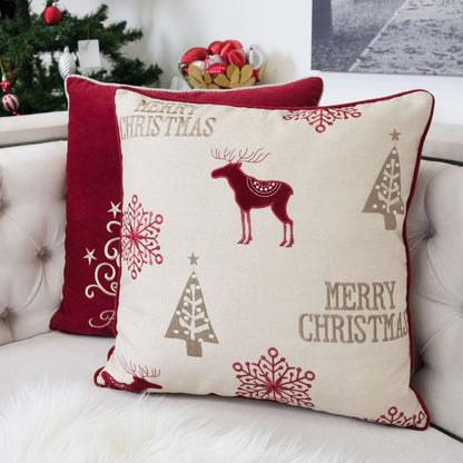 Merry Christmas Embroidered Poly Linen Throw Pillow with Festive Motifs - Red and Silver