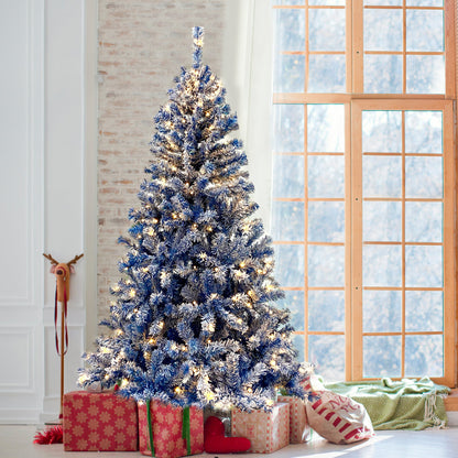 6-Foot Blue Snow-Flocked Pre-Lit Christmas Tree – 750 Tips