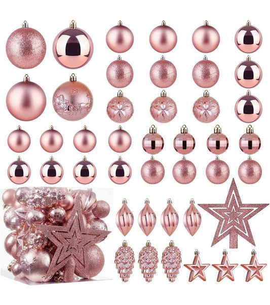 Rose Gold Shatterproof Christmas Ornaments – 43-Piece Set
