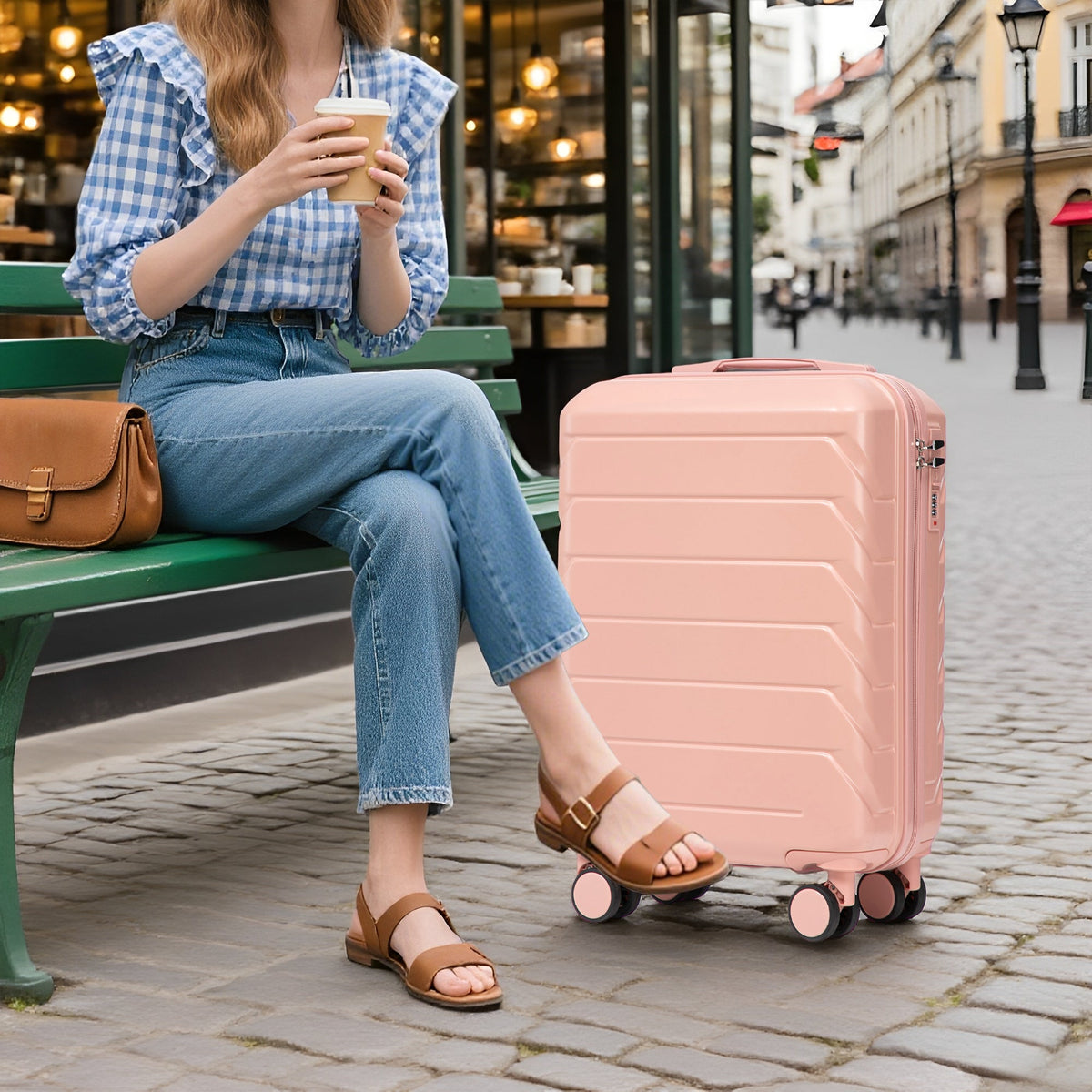 ABS 2-Piece Luggage Set with Spinner Wheels and Combination Lock - Pink