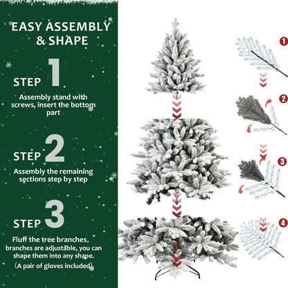 6ft Snow-Flocked Pre-Lit Christmas Tree with 1100 PE+PVC Tips - White