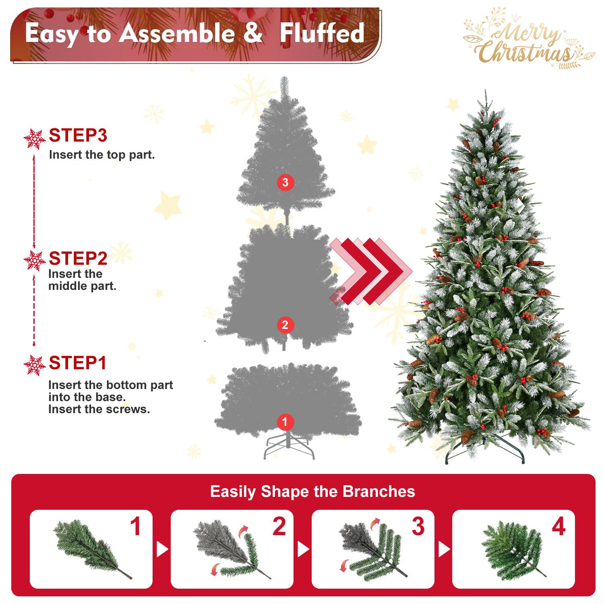 7.5-Foot Snow-Tipped Woodland Christmas Tree with Berries and Pine Cones - Green/White