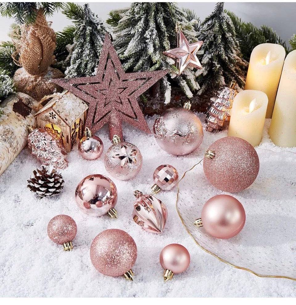 Rose Gold Shatterproof Christmas Ornaments – 43-Piece Set