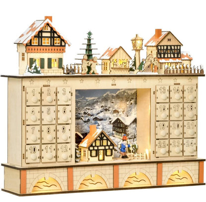 Light-Up Wooden Village Advent Calendar – 24 Drawers