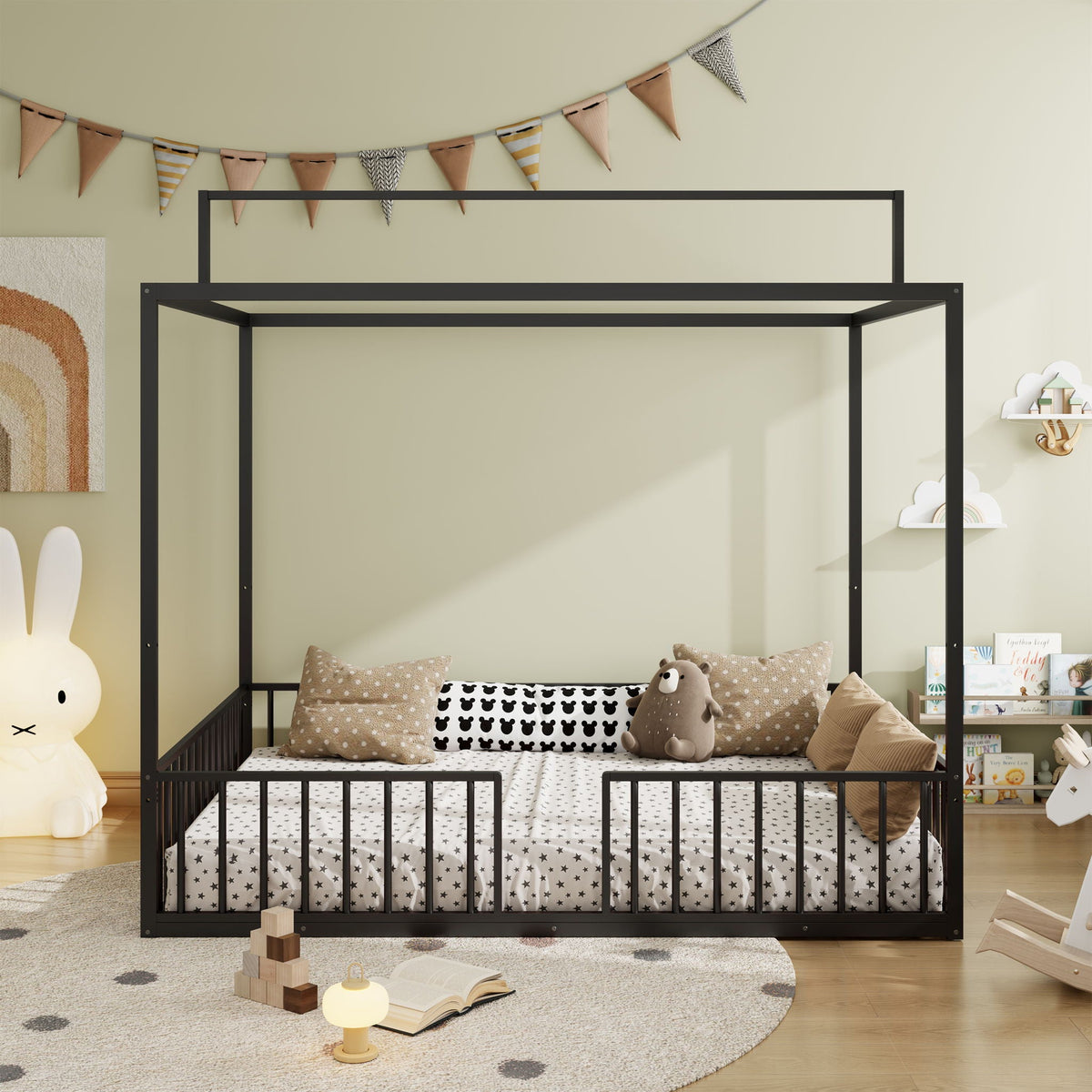 3-in-1 Montessori Floor Bed with Fenced Support