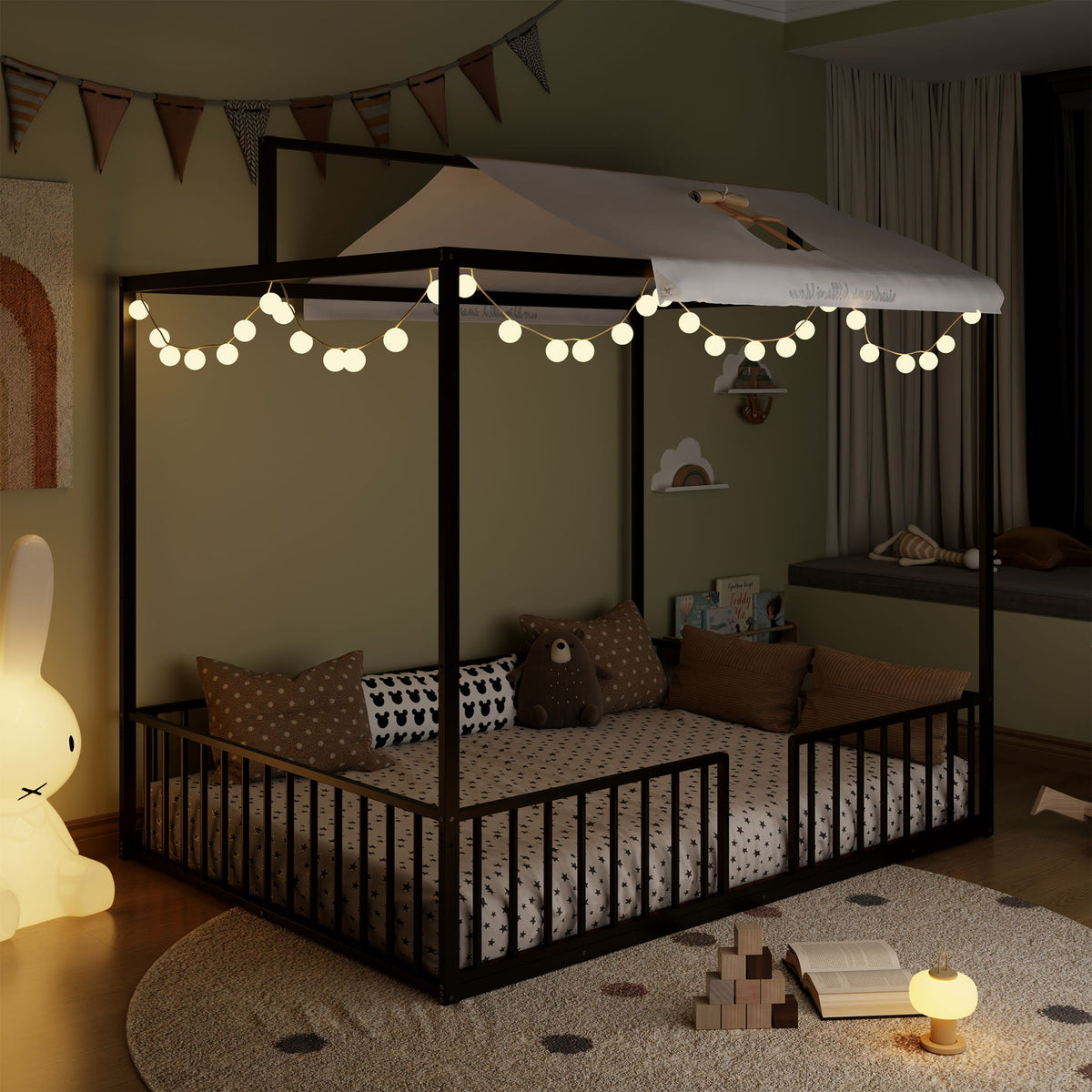 3-in-1 Montessori Floor Bed with Fenced Support