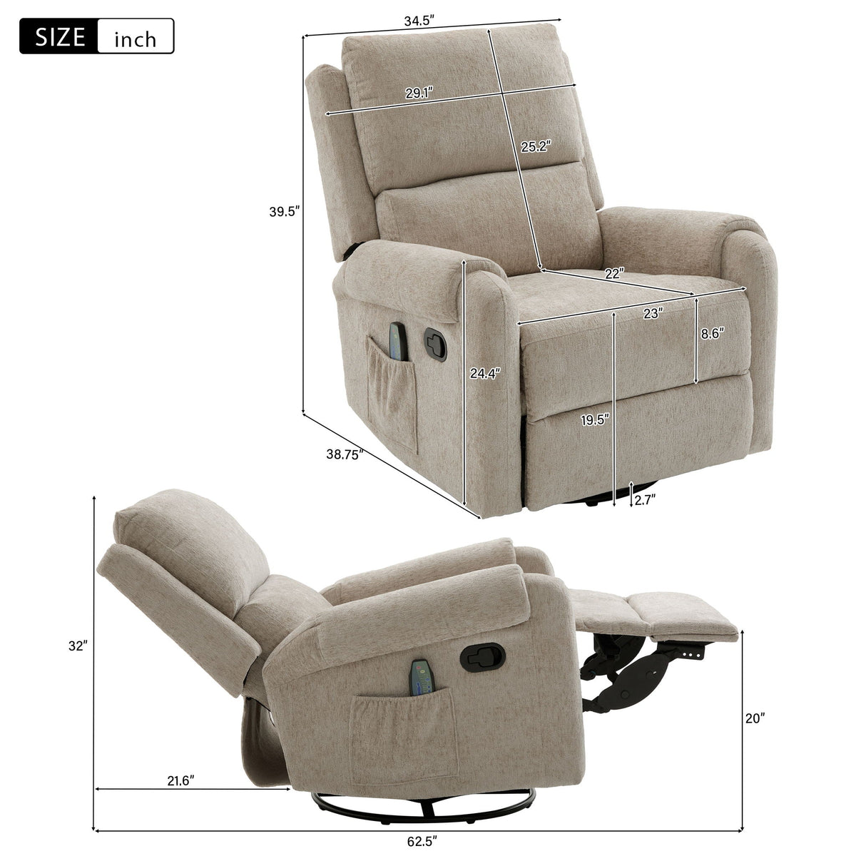 Manual Recliner Massage Chair With Swivel Rocker