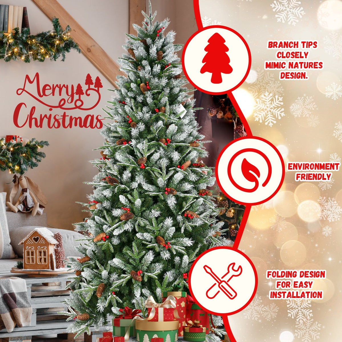 7.5-Foot Snow-Tipped Woodland Christmas Tree with Berries and Pine Cones - Green/White