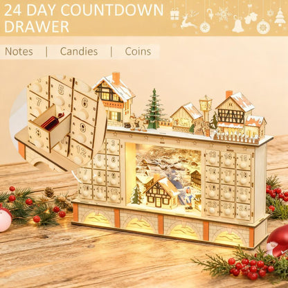 Light-Up Wooden Village Advent Calendar – 24 Drawers