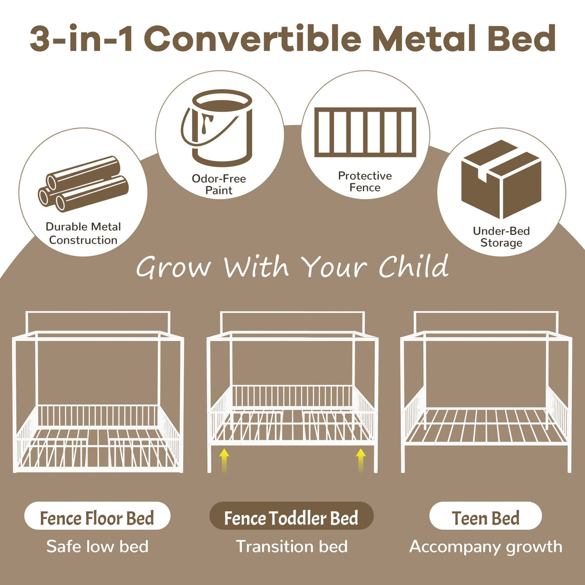 3-in-1 Montessori Floor Bed with Fenced Support