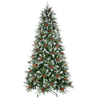7.5-Foot Snow-Tipped Woodland Christmas Tree with Berries and Pine Cones - Green/White