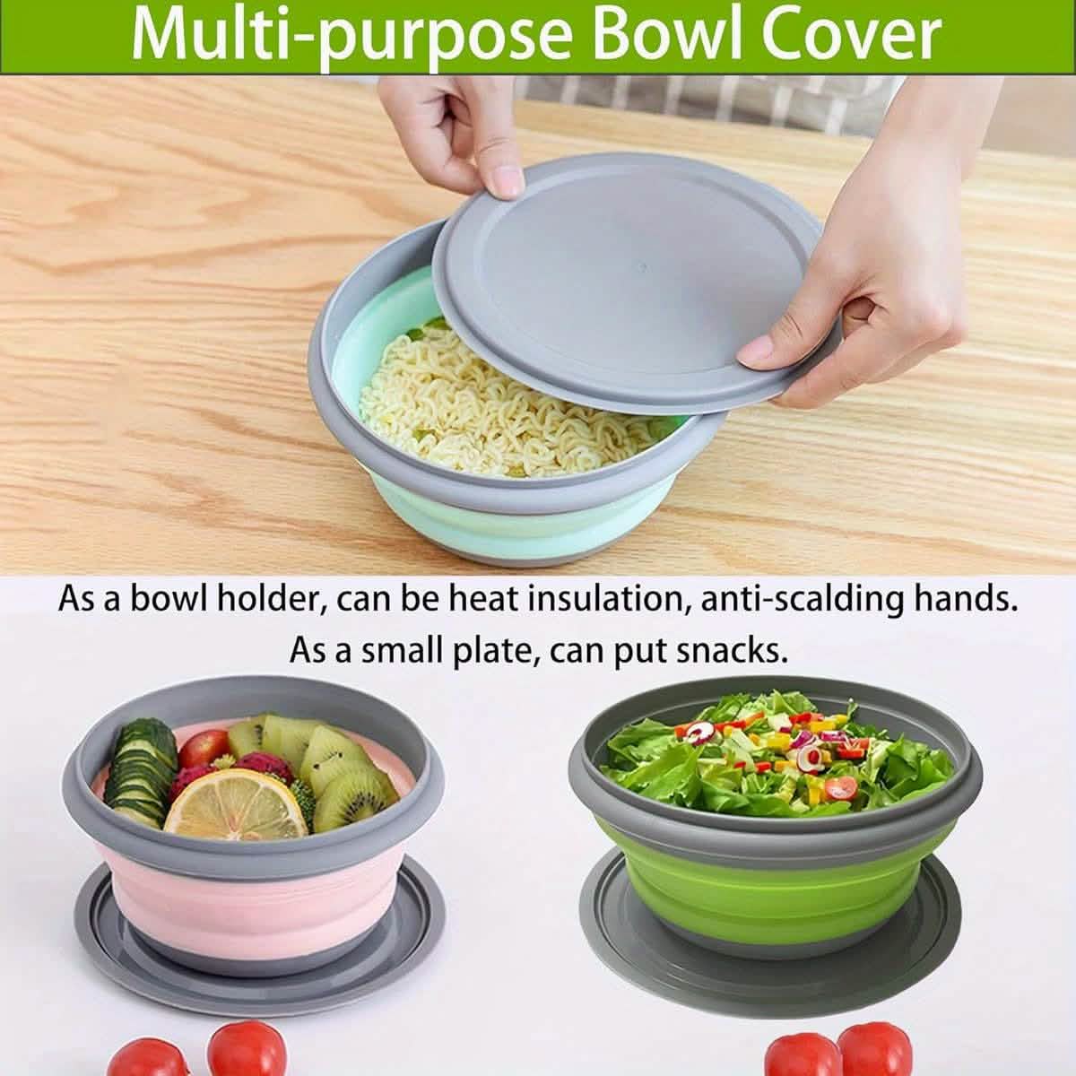 3 Foldable Silicone Camping Bowls with Lids – Blue & Pink