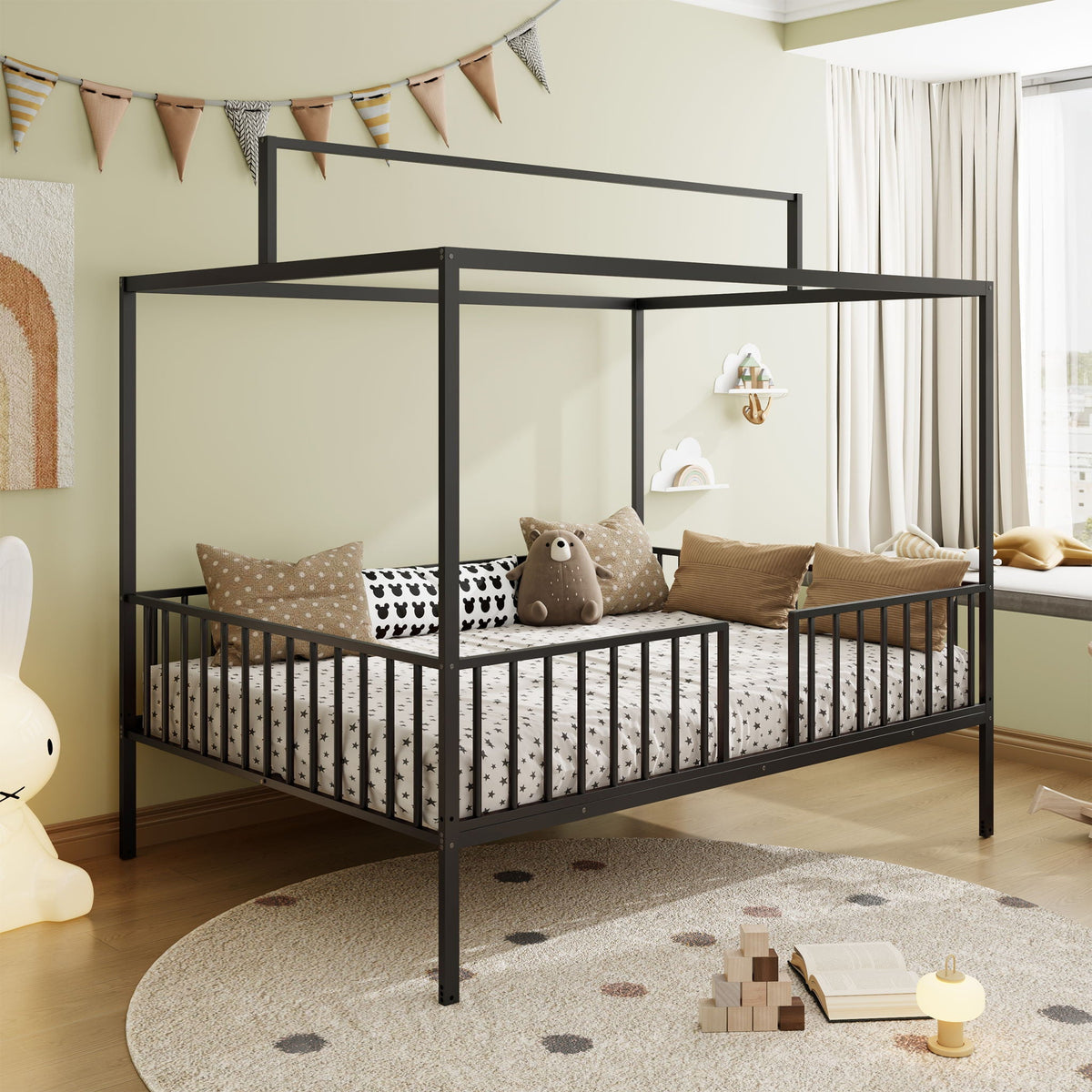 3-in-1 Montessori Floor Bed with Fenced Support