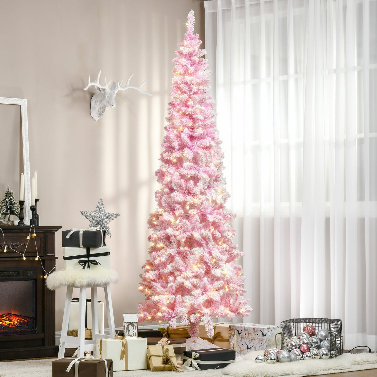 7.5-Foot Pink Prelit Snow-Flocked Pencil Christmas Tree