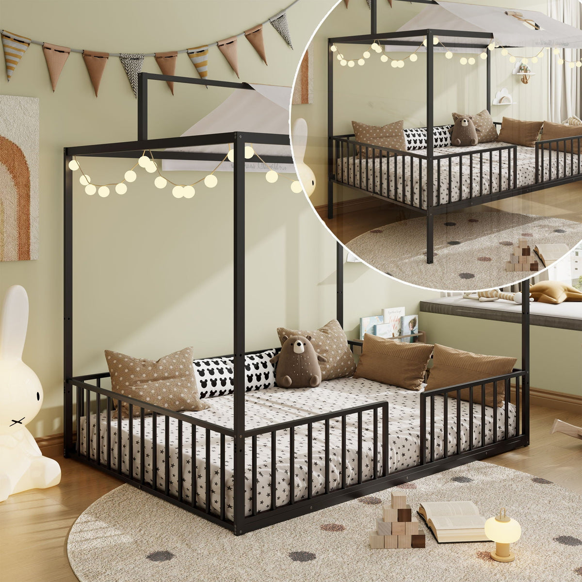 3-in-1 Montessori Floor Bed with Fenced Support