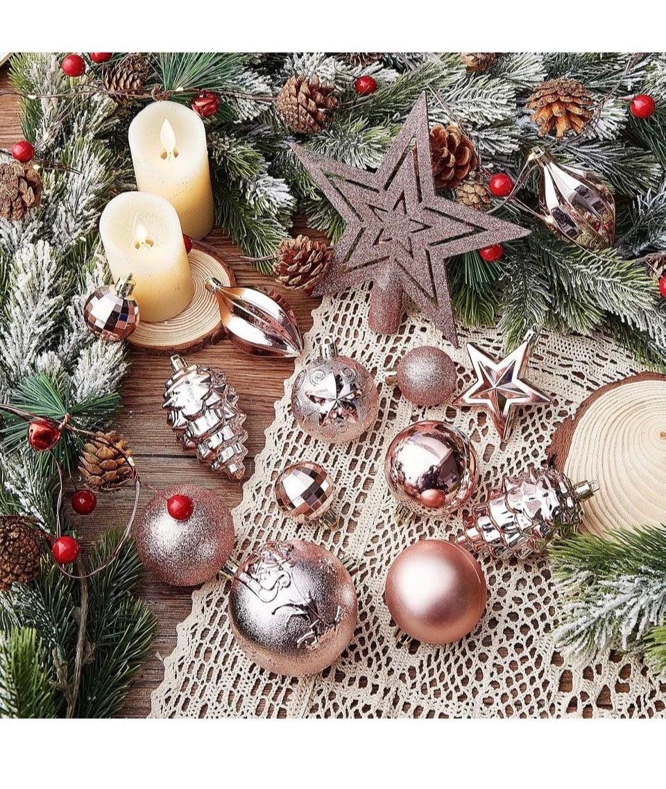 Rose Gold Shatterproof Christmas Ornaments – 43-Piece Set
