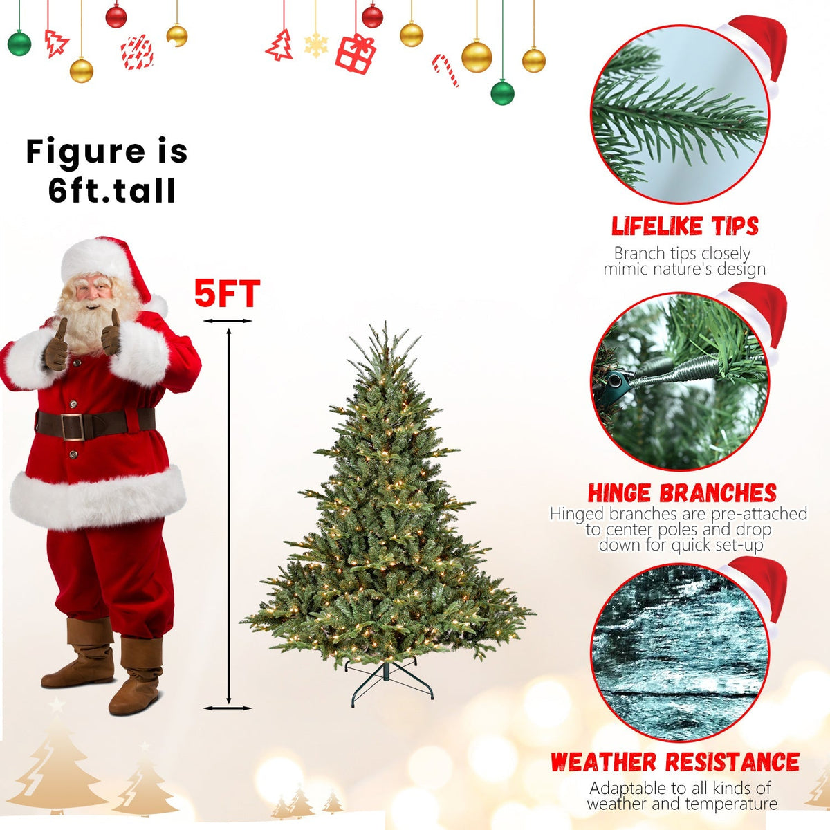 5-Foot Full-Bodied Pre-Lit Evergreen Christmas Tree with 350 Warm White Lights - Green