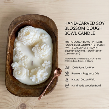 Dough Bowl Candle | Carved Wood Bowl | Floral Candle