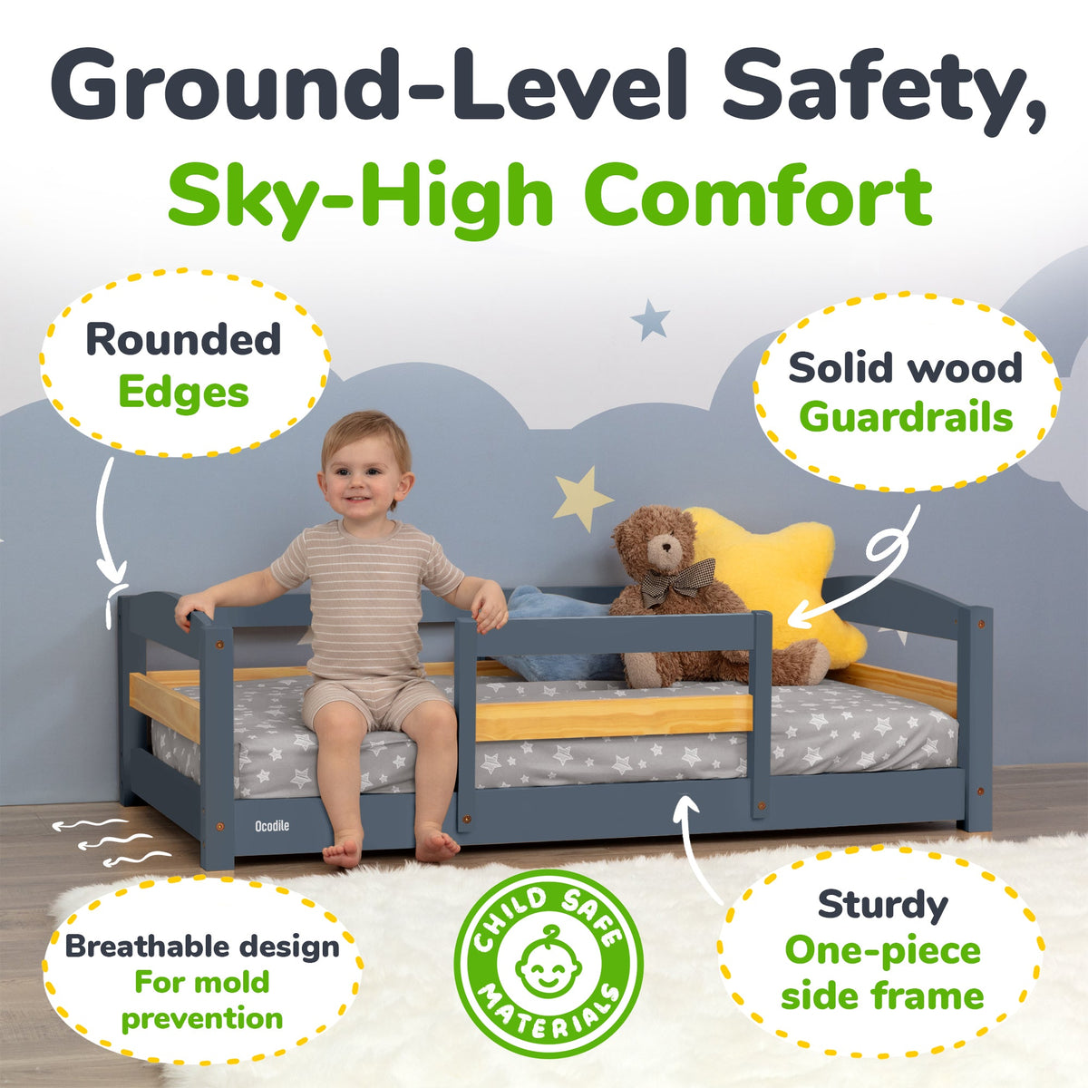 Crib-Size Wooden Floor Bed with Safety Rails
