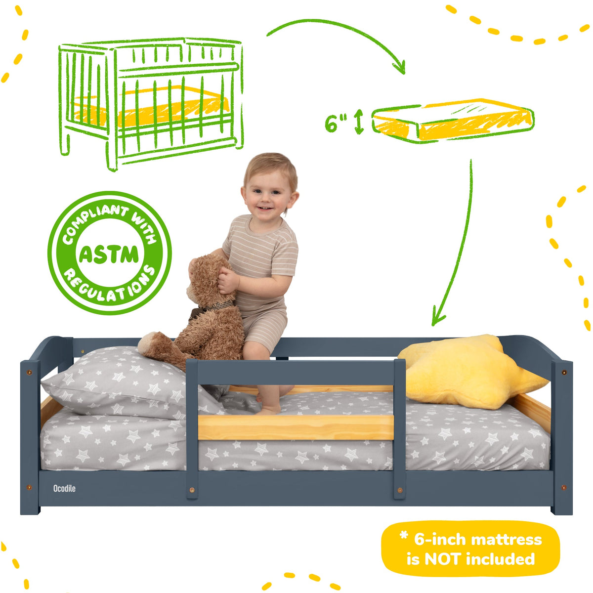 Crib-Size Wooden Floor Bed with Safety Rails