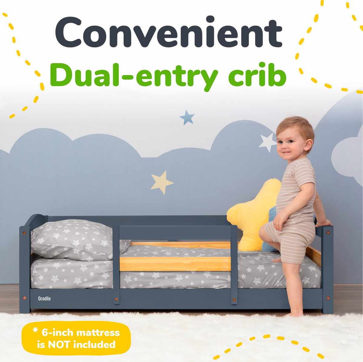 Crib-Size Wooden Floor Bed with Safety Rails