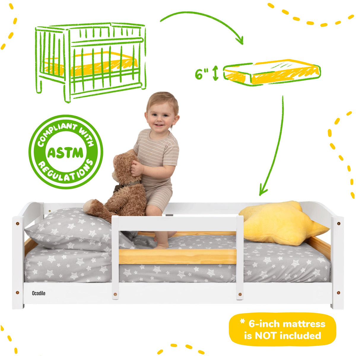 Crib-Size Wooden Floor Bed with Safety Rails