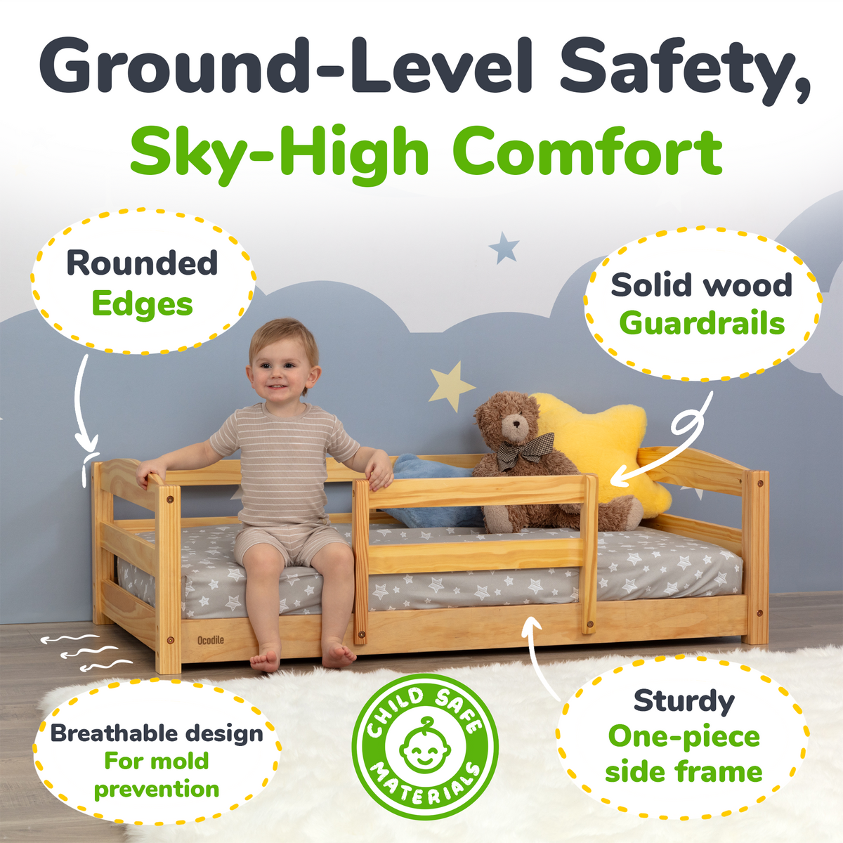 Crib-Size Wooden Floor Bed with Safety Rails
