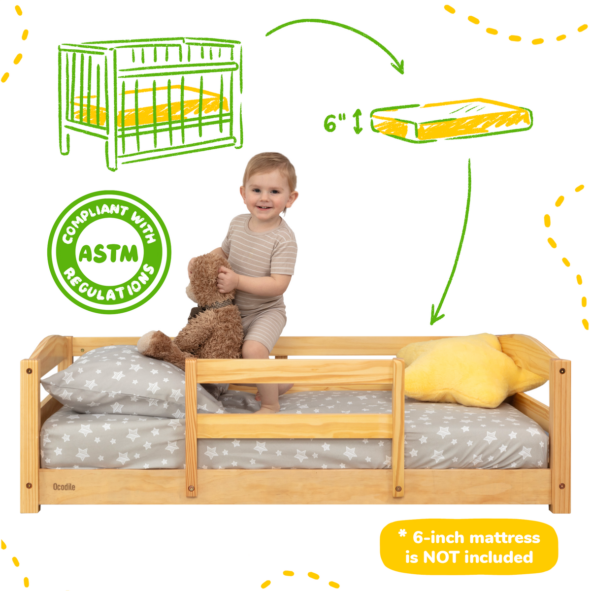 Crib-Size Wooden Floor Bed with Safety Rails
