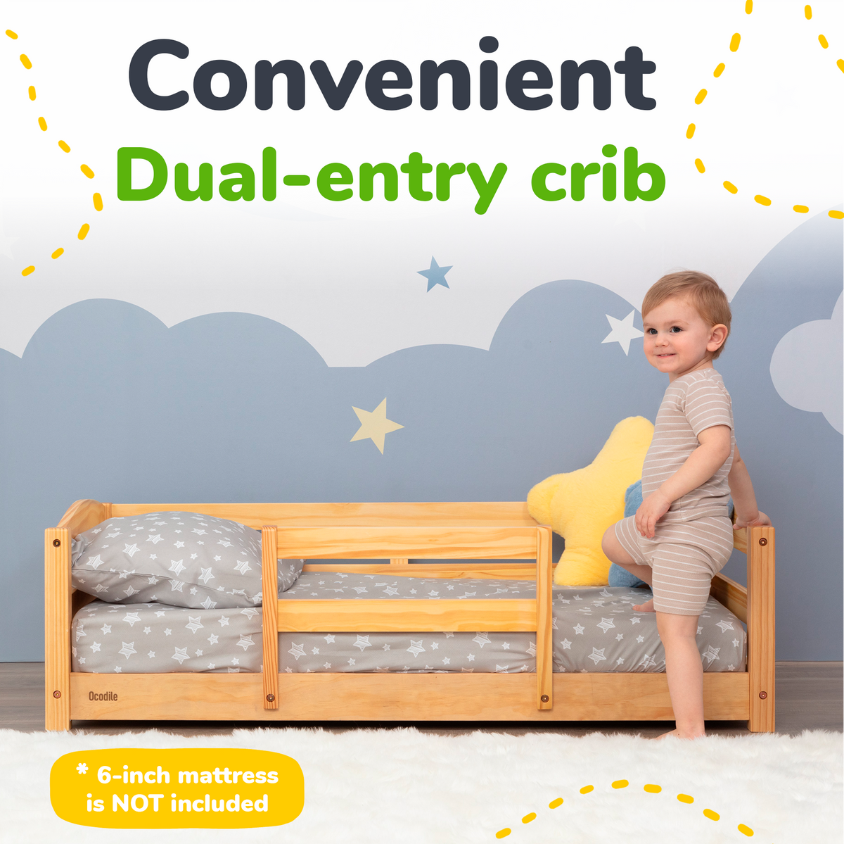 Crib-Size Wooden Floor Bed with Safety Rails